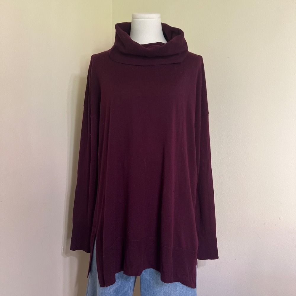 Adrienne Vittadini Merino Wool Tunic Sweater Burgundy Cowl Neck Large